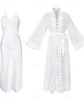 お買い得  レディース パジャマトップス＆ボトムス-女性用 ローブ あたたか ファッション カジュアル ピュアカラー サテンシルキーパジャマ レース ドレス 家 ベッドサイド 長袖 クルーネック ホワイト 夏 春 レギュラー