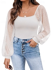abordables Blusas Sencillas-Mujer Blusa Tops elegantes Tops de gasa Tops ajustados Frunce Retazos Sayo A Lunares Plano Elegante Vintage Fiesta Manga Larga Manga de la linterna Escote Cuadrado Tops cortos Diario Trabajo Festivos