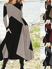 levne Tisknout květinové šaty-Dámské Midi šaty Šaty s potiskem Vinobraní Módní Moderní Denní Dovolená Jdeme ven Běžný Geometrický Dlouhý rukáv Tričkový Fialová Hnědá Tmavě šedá Šedá Jaro Podzim Zima