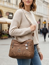 billiga Crossbodyväskor-Damväska i brunt konstläder med flera dragkedjefickor, vintage avslappnad axelväska, lätt axelväska för dagligt bruk, resor och shopping