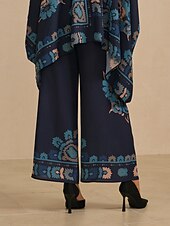 baratos calças femininas-Calças femininas de pernas largas, chiffon, estampa floral havaiana étnica, cintura elástica, casual, férias, primavera, verão, outono