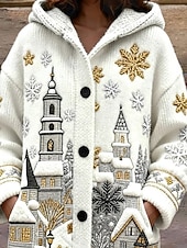 Dam Kofta Dagligen Ledigt Grafisk snöflingor Ribbad Huva Lappverk Ficka Knappar Långärmad Vanliga toppar Sticka Utomhus Helgen Vit Höst Vinter billiga Koftor & Ytterkläder-Dam Kofta Dagligen Ledigt Grafisk snöflingor Ribbad Huva Lappverk Ficka Knappar Långärmad Vanliga toppar Sticka Utomhus Helgen Vit Höst Vinter