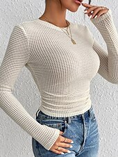 abordables Camiseta lisa-Mujer Pulóveres Pull-over Ropa de calle Casual Color sólido Cuello Barco De Punto Manga Larga Tops regulares Tejer Diario Noche Fin de semana Blanco Primavera Otoño