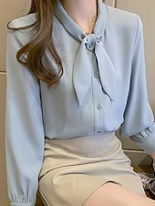 preiswerte Schicke Blusen-Damen Hemd Elegant Satin-Top Bluse Schleife Einfach Stilvoll Langarm Rundhalsausschnitt Normale Oberteile Ferien Ausgehen Blau Weiß Frühling Herbst