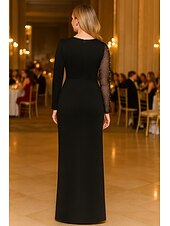 abordables Robes de Soirée-Fourreau / Colonne Robe de Soirée Élégant Robe de soirée Formel Mariage Longueur au sol manche longue Col ras du cou Satin avec Perles Perlage 2025