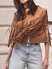 tanie Zwykły zbiornik-Damskie Bluzka Frędzel Równina Zachodni Bez rękawów W serek Zwykłe topy Święto Wyjściowe Czarny Jasnobrązowy Lato Wiosna