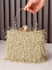 tanie Torby i torebki-Damska torebka na imprezę świąteczną – elegancka wieczorowa torebka z piórami w kolorze czerwonym i zielonym, ze złotym uchwytem i perłowym zapięciem – świąteczny prezent dla kobiety – szykowny, świąteczny styl na uroczystości bożonarodzeniowe