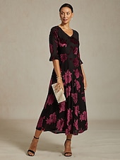  Women's Midi Dress A Line Dress Elegant Birthday Cocktail Wedding Guest Velvet Daily Cocktail Party Regular Fit Floral Half Sleeve V Neck Navy Blue Spring Fall Winter