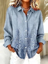 baratos Blusas listradas e geométricas-Mulheres Camisa Social Blusa Patchwork Botões Imprimir Gráfico Folha Geométrica Vintage à moda Moderno Manga Longa Colarinho de Camisa Tops regulares Diário Azul Laranja Outono Inverno