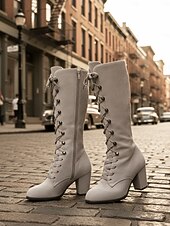 baratos Botas da moda-Botas femininas de camurça cinza com cadarço até o joelho, botas altas de salto grosso estilo vitoriano retrô para moda de inverno, cosplay e streetwear