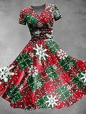 Christmas Women's Midi Dress A Line Dress Fit And Flare Dress Party Casual Daily Holiday Regular Fit Graphic Plaid Snowflake Short Sleeve V Neck Black White Red Green Fall Winter cheap Christmas Dresses-Christmas Women's Midi Dress A Line Dress Fit And Flare Dress Party Casual Daily Holiday Regular Fit Graphic Plaid Snowflake Short Sleeve V Neck Black White Red Green Fall Winter