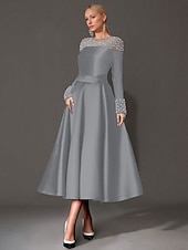 preiswerte Cocktailkleider-A-Linie Tee-Länge Cocktailkleider Elegant Glitzern Langarm Juwelenhals Weihnachten Formell Satin mit Perlen