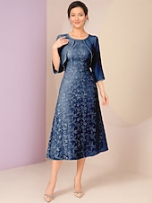abordables Longitud a la altura del tobillo-Vestido de fiesta A-line hasta el tobillo vestido de cóctel vestido de invitada de boda vestido de madre de la novia manga 3/4 escote redondo elegante formal encaje con encaje