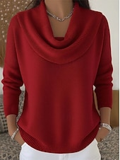 cheap Pullovers &amp; Tops-Women's Sweater Elegant Casual Soft Pure Color Ribbed Cowl Knitted Long Sleeve Regular Tops Knit Daily Outdoor Weekend Red Fall Winter