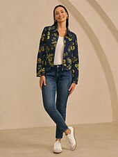  Jeansjacke mit Blumenmuster, lässig, für Urlaub und Alltag, mit Reißverschluss