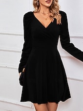 Świąteczna sukienka mini z weluru dla kobiet sukienka w kształcie litery A elegancka na przyjęcia koktajlowa na świeżym powietrzu regularne dopasowanie jednolity kolor długi rękaw dekolt w serek tanie Sukienki świąteczne-Świąteczna sukienka mini z weluru dla kobiet sukienka w kształcie litery A elegancka na przyjęcia koktajlowa na świeżym powietrzu regularne dopasowanie jednolity kolor długi rękaw dekolt w serek