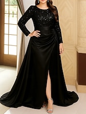 economico Lunghezza del pavimento-Abito a-line lungo fino al pavimento abito da sposa abiti formali abito da sera abito madre della sposa maniche lunghe scollo tondo elegante vintage festa satinato con pieghe paillettes spacco