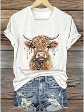 お買い得  動物のTシャツ-女性用Tシャツ グラフィック 動物 牛 ヴィンテージ スタイリッシュ クラシック 半袖 Vネック レギュラー トップス 日常用 プリント ブルー ブラック ホワイト ピンク レッド 夏 春 秋 冬