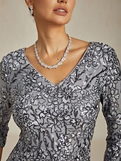 お買い得  スパンコールドレス-女性用 マキシドレス シースドレス エレガント フォーマル セミフォーマルドレス パーティー スパンコール レース 刺繍 レギュラー 純色 七分袖 Ｖネック グレー