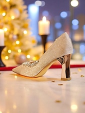 abordables Bombas Clásicas-Zapatos de tacón de punta puntiaguda con purpurina dorada y ribete de diamantes de imitación para mujer, elegantes zapatos de tacón medio para ocasiones formales y cócteles. &amp;eventos nocturnos