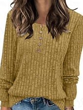 billiga Kvinnors Enfärgade Toppar-Dam Blus Ensfärgat Stylish Ledigt Långärmad Rund hals Vanliga toppar Dagligen Knappar Svart Gul Ljusgrön Rubinrött Blå Vår Höst Vinter