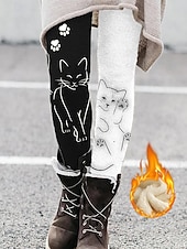 Women's Fleece Pants Leggings Vacation Vintage Ethnic Style Full Length High Waist Graphic Cat Thermal Warm Comfy Comfortable Stretchy Outdoor Causal Casual Black White Fall Winter Slim Fit4