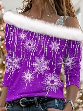 cheap Christmas Blouse&amp;Shirts-Christmas Women&#039;s Snowflake Shirt Graphic Elegant Vintage Party Long Sleeve Asymmetrical Regular Tops Party Evening Wear Holiday Party Outfits Glitter Black Red Blue Purple Green Spring Fall Winter