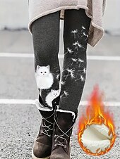abordables -Mujer Polainas Leggings cómodos Moda Ropa de calle Básico Longitud total Alta cinturaPantsNavidad Graphic Gato Estampado Vellón Mantiene abrigado Confortable Elástico Exterior Casual Diario Negro