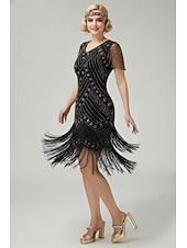 levne 1920s šaty-Řvoucí 20s 20. léta 20. století Ke kolenům Bubenové šaty Krátké rukávy Velký Gatsby Flitry Třásně Do V Maškarní kostým Dámské Vánoce Karneval speakeasy Plesová maškaráda Retro tematická párty Dospělé