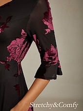  Women's Midi Dress A Line Dress Elegant Birthday Cocktail Wedding Guest Velvet Daily Cocktail Party Regular Fit Floral Half Sleeve V Neck Navy Blue Spring Fall Winter