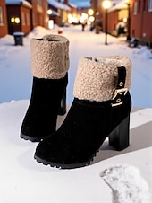 رخيصةأون أحذية الموضة-حذاء نسائي بكعب من الجلد المدبوغ باللون الأخضر مع أطراف من الفرو الصناعي، كعب سميك عصري، مثالي لقضاء العطلات الشتوية وحفلات الكريسماس والمناسبات الاحتفالية