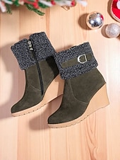 economico Stivali di neve e inverno-stivali da donna con zeppa e risvolto peloso, in pelle scamosciata marrone con cerniera e fibbia, stivali invernali caldi e comodi per il freddo, uscite informali e feste