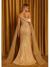 cheap Ball Gown Evening Dresses-Sheath Column Floor Length Beaded Eembroidered Formal Dresses Mother of the Bride Dress Ball Gown with Cape Evening Gown Formal Dress Elegant Vintage Glittering Long Sleeve One Shoulder Wedding Formal