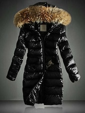 cheap Down Jackets-Women's Winter Coat Down Jacket Hoodie Jacket Warm Comfortable Zipper Pocket Fur Collar Casual Plain Vacation Daily Wear Going out Weekend Long Hooded Regular Fit Long Sleeve Outerwear Black Blue