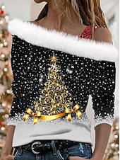 cheap Christmas Blouse&amp;Shirts-Christmas Women&#039;s Snowflake Shirt Graphic Elegant Vintage Party Long Sleeve Asymmetrical Regular Tops Party Evening Wear Holiday Party Outfits Glitter Black Red Blue Purple Green Spring Fall Winter