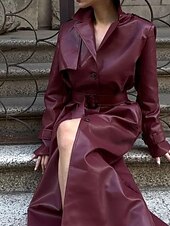 billiga Jackor i konstläder-Dam Imitationsläderjacka Trenchcoat Håller värmen Bekväm Ficka Knappar Mode Slät Formell Utomhus Semester Ledigt Lång Nedvikt Normal Långärmad Ytterkläder Svart Mörkröd Höst Vinter