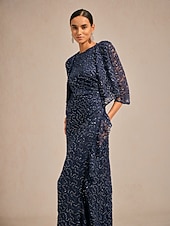 billige Blonder topper-Dame Blondeskjorte Paljetter Blonde Elegant 3/4 ermer V-hals Aftenselskap Bryllupsgjest Navyblå Sommer Vår Høst Vinter