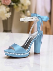 abordables Demoiselle d&amp;#39;honneur-Escarpins à plateforme en satin rose pour femme avec bride cheville en perles et nœud - sandales élégantes à talons hauts pour cocktails et événements formels