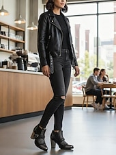 billige Ankel støvler-Svarte gotiske ankelstøvletter fra 1980-tallet til dame med hodeskallespenne og nagler, punkstøvletter med grov hæl til halloween-fester og kvelder ute