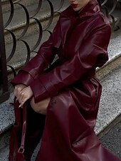 billiga Jackor i konstläder-Dam Imitationsläderjacka Trenchcoat Håller värmen Bekväm Ficka Knappar Mode Slät Formell Utomhus Semester Ledigt Lång Nedvikt Normal Långärmad Ytterkläder Svart Mörkröd Höst Vinter