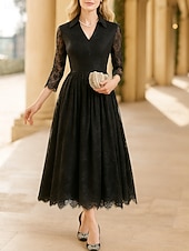 preiswerte Knöchellänge-A-Linie Tee-Länge Partykleid Cocktailkleid Kleid für Hochzeitsgäste Brautmutterkleid Dreiviertelarm V Ausschnitt Elegant Formell Formeller Abend Hochzeitsfeier Tüll mit Spitze