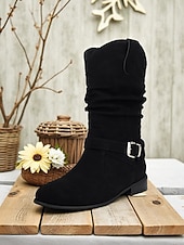 abordables Botas holgadas-Botas holgadas de mujer en marrón oscuro con hebilla: botines informales de tacón bajo para uso diario.