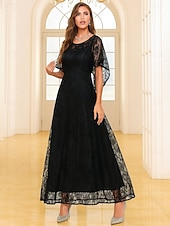 abordables Longueur du plancher-Ligne A Longueur au sol Robe de Cérémonie Robe de soirée Manche Courte Col ras du cou Élégant ancien Fête Dentelle Polyester Robe de Mère de Mariée  avec Dentelle