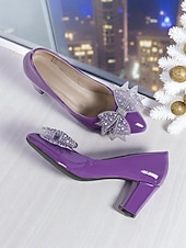 halpa Avokkaat paksulla korolla-naisten violetit lakkanahkaiset lohkokorkoiset avokkaat, tyylikkäät pyöreäkärkiset pukukengät rusetilla muodollisiin tilaisuuksiin &amp;toimistovaatteet