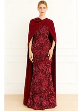 billiga Ballgowns för kvällsbruk-A-linje Golvlång Balklänning med kappa Kvälls klänningar Formell klädsel Elegant Vintage Den lilla svarta Ärmlös Hög hals Formell Bröllop Caper Spets Stretch crepe med Broderad Sjal