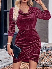 tanie Sukienki świąteczne-Świąteczna welwetowa mini sukienka damska sukienka dopasowana sukienka bodycon elegancka na przyjęcie urodziny wesele gość na przyjęciu w jednolitym kolorze z długim rękawem dekoltem cowl w winie