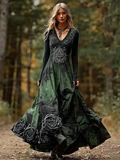 billiga Boho-klänning-Kvinnors Maxi Klänning A-linjeformad Klänning Plisserad Klänning Passform Och Flare Klänning Boho Datum Regular Fit Blommig Grafik Lång Ärmar V-Hals Grön Vår Höst Vinter