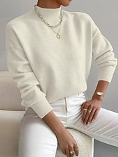 billiga Plain Pullover-Women's Sweater Pullover Fashion Streetwear Casual Solid Color Mock Neck Knitted Long Sleeve Regular Tops Knit Daily Holiday Going out Yellow Pink Fall Winter
