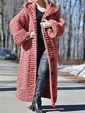 abordables Cárdigans y prendas de abrigo-Mujer Pulóveres Cárdigan Elegante Moda Ropa de calle Color sólido Con Capucha Retazos Botones De Punto Manga Larga Tops largos Tejer Exterior Diario Noche Negro Amarillo Otoño Invierno