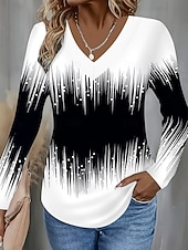 preiswerte Streifen- und geometrisches T-Shirt-Damen T Shirt Druck Ombre Grafik Geometrisch Vintage Stilvoll Klassisch Langarm V Ausschnitt Normale Oberteile Täglich Schwarz Herbst Winter